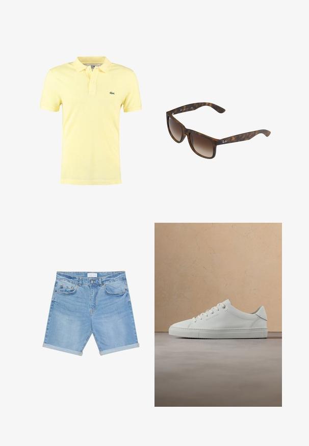 Geel polo shirt van katoen met een klassieke kraag, korte mouwen en een groen logo op de linker borst, met een gestructureerd patroon.; Lichtblauwe denim shorts met een klassieke snit, voorzien van vijf zakken, omgeslagen broekspijpen en een metalen knoopsluiting in de taille.; Witte leren lage sneaker met veters, zwevend boven een beige vloerkleed met textuur, vlakbij een ronde houten salontafel met boeken.; Kattenoog zonnebril met bruine gradient lenzen, rechthoekige vorm, dikke monturen en een zilveren logoaccent aan de zijkant.