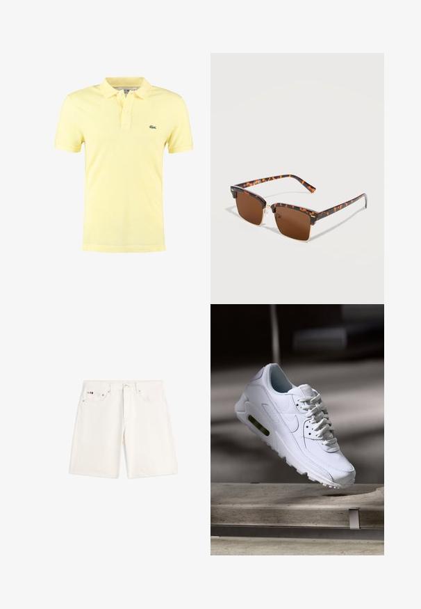 Geel polo shirt van katoen met een klassieke kraag, korte mouwen en een groen logo op de linker borst, met een gestructureerd patroon.; Witte spijkershort met knoop aan de voorkant, ritssluiting, ceintuurlussen en een ontwerp met vijf zakken, inclusief een klein logo op de rechterzak.; Witte leren sneaker met gestructureerde oppervlakken, gevoerde kraag en zichtbare luchtbescherming in de zool. Heeft veters en een minimalistisch ontwerp.; Vierkante zonnebloemen met schildpadmotief, bruine lenzen en dunne gouden metalen randaccenten, gepresenteerd op een wit oppervlak.