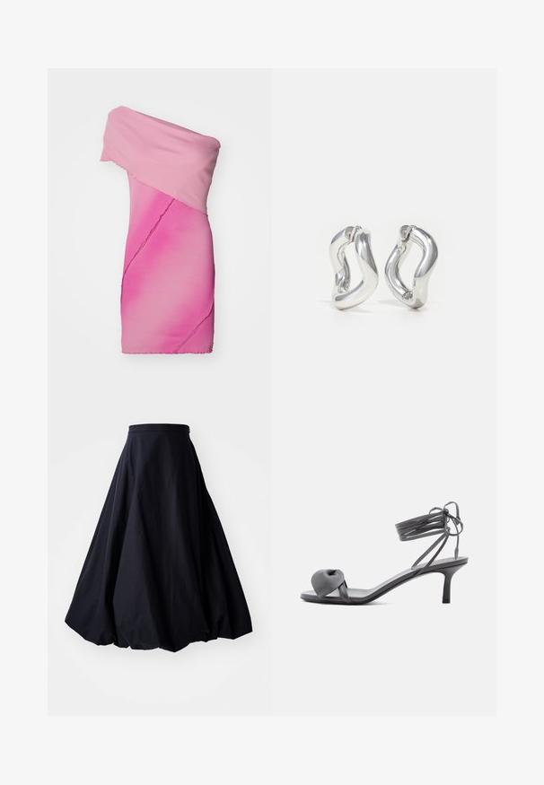 Robe cintrée à épaules dénudées en tissu en dégradé de rose à nervures, présentant un design asymétrique et des finitions à bords bruts.; By Malene Birger AUBREY - Jupe longue - black; Sandale à talon en cuir gris avec une bride nouée sur les orteils et des lacets enroulants autour de la cheville, sur un talon moyen et fin, sur fond blanc.; Boucles d'oreilles créoles argentées avec un design torsadé. Bords arrondis et finition brillante. Fermoirs ouverts pour un port facile. Texture lisse sur toute la surface.