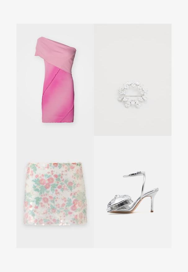 Robe cintrée à épaules dénudées en tissu en dégradé de rose à nervures, présentant un design asymétrique et des finitions à bords bruts.; Tissu blanc à motif floral avec des fleurs pastel roses et vertes, présentant une surface texturée et de légers sequins le long du bord inférieur.; Loeffler Randall MARLENA - Sandales à talons hauts - silver; Broche circulaire avec plusieurs cristaux en forme de poire transparents, montés sur une base en métal argenté, dotée d'une attache épingle à l'arrière.