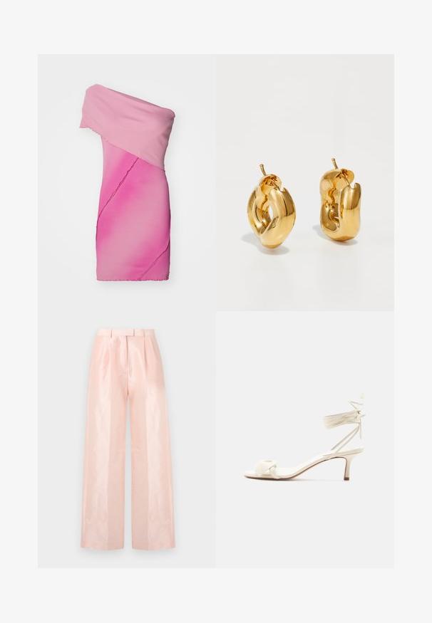 Robe cintrée à épaules dénudées en tissu en dégradé de rose à nervures, présentant un design asymétrique et des finitions à bords bruts.; Pantalons à taille haute ample de couleur rose clair, présentant une texture lisse et brillante, des plis à l'avant et une ceinture assortie.; Sandale à talon bas de couleur crème avec des liens à nouer autour de la cheville et une large bride torsadée sur les orteils, sur un fond blanc uni.; Boucles d'oreilles créoles en or massif avec un design tubulaire légèrement tordu et des fermoirs à tige sur un fond blanc.