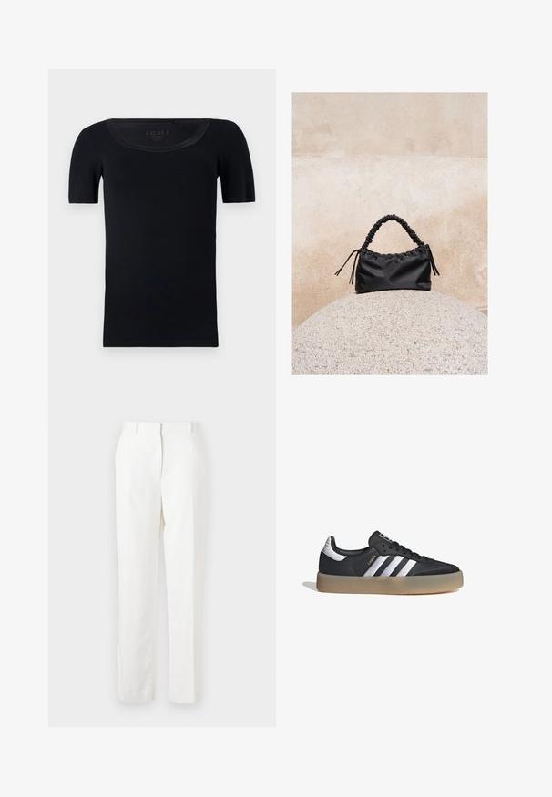 Camiseta de manga corta negra hecha de suave algodón. Presenta un escote amplio y un diseño ajustado con una textura lisa y sin patrones visibles.; Pantalones blancos de pierna recta hechos de una tela ligera con una ligera textura. Presentan bolsillos frontales y un solo pliegue para un detalle adicional.; Zapatilla deportiva de cuero negro con tres rayas plateadas, punta texturizada y suela de goma. Cuenta con un collar acolchado y un diseño con cordones.; Bolso negro fruncido con asa recogida, apoyado sobre una esfera de piedra texturizada frente a una pared de hormigón beige.