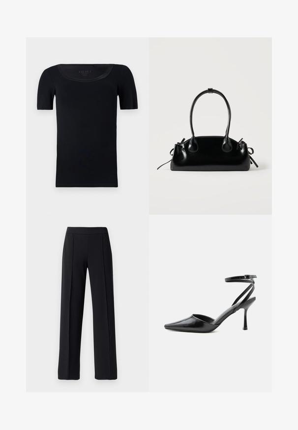 T-shirt noir à manches courtes en coton doux. Présente un col large et une coupe ajustée avec une texture lisse et sans motifs visibles.; Pantalons noirs ajustés avec une coupe évasée, fabriqués dans un tissu lisse et extensible ; dotés de plis sur le devant et d'une taille élastique.; Escarpin noir à bout pointu avec fines brides de cheville et fermeture à boucle argentée sur fond clair uni.; Petit sac à main noir brillant avec deux longues anses et des détails à cordon sur les côtés sur un fond clair uni.