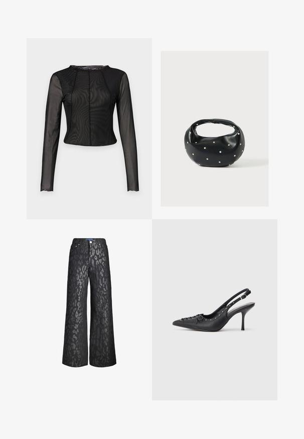 Top de malla negro de manga larga con un diseño ajustado, cuello redondo y textura sutil. Presenta costuras en la parte delantera y trasera para mayor estructura.; Pantalones de pierna ancha negros con un patrón de estampado animal en diferentes tonos de gris. Hechos de denim, con cinco bolsillos y un cierre delantero con botón.; Sandal de tacón stiletto negro de cuero con punta afilada, correa lateral con hebilla, tachuelas a lo largo del borde y cordones decorativos en la parte delantera.; Bolso de mano de cuero negro con forma redondeada, decorado con detalles de tachuelas plateadas y un asa corta. Textura lisa y cierre con cremallera.