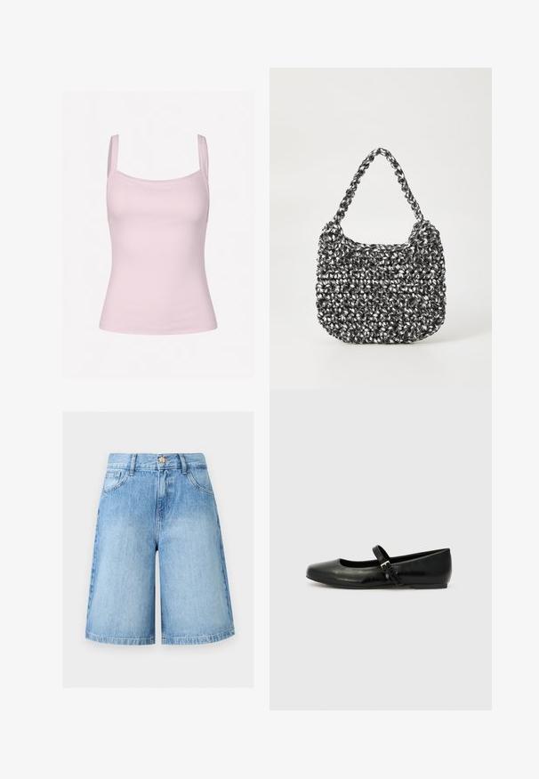 Débardeur rose clair côtelé avec de fines bretelles, présentant une coupe ajustée et une texture lisse, adapté pour le superposition ou une tenue décontractée.; Shorts en denim bleu clair longueur genou avec poches avant, passants pour ceinture et fermeture par bouton métallique.; Ballerines en cuir noir avec un bout arrondi, une semelle plate et une fine sangle ajustable sur le cou-de-pied avec une boucle en métal.; Sac en osier noir et blanc de forme arrondie, avec une surface texturée et une poignée tressée. Convient à un usage décontracté.