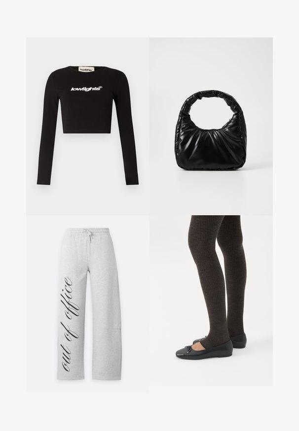 T-shirt noir à manches longues cropped en coton. Présente un col rond et le logo "lowlights" en blanc sur la poitrine.; Pantalon de survêtement gris clair avec taille élastique et cordon, comportant un texte noir en cursive "out of office" le long de la jambe gauche.; Jambes portant des leggings côtelés foncés associés à des ballerines noires avec de petits détails en nœud sur fond blanc.; Sac à main noir rembourré avec une poignée arrondie, présentant une surface lisse et brillante ainsi qu'une texture douce et matelassée. Pas de quincaillerie ou d'accents visibles.