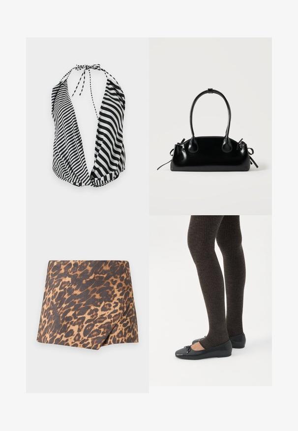 Haut halter à rayures noires et blanches avec un décolleté plongeant, fermeture à nouer autour du cou, et en tissu léger et doux.; Jupe mini en imprimé léopard avec un chevauchement diagonal à l'avant, motif marron et noir sur un tissu beige, ourlet droit.; Jambes portant des leggings côtelés foncés associés à des ballerines noires avec de petits détails en nœud sur fond blanc.; Petit sac à main noir brillant avec deux longues anses et des détails à cordon sur les côtés sur un fond clair uni.