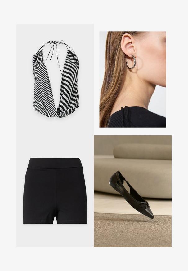 Haut halter à rayures noires et blanches avec un décolleté plongeant, fermeture à nouer autour du cou, et en tissu léger et doux.; Shorts noirs taille haute pour femme avec une large ceinture en tissu extensible, présentés sur un fond clair uni.; Chaussure plate noire à bout pointu avec un petit détail nœud, montrée au-dessus d'un tapis beige et devant un canapé beige.; Boucle d'oreille en argent avec une finition polie, présentant de petits détails en or et de forme ronde, portée sur le lobe.