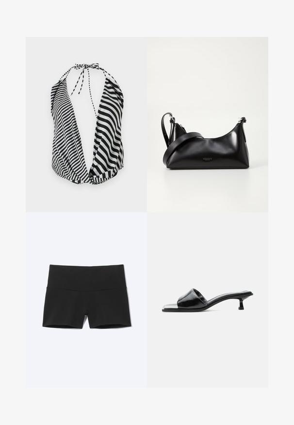 Haut halter à rayures noires et blanches avec un décolleté plongeant, fermeture à nouer autour du cou, et en tissu léger et doux.; Short de sport noir extensible taille haute avec une large ceinture et une jambe courte sur fond clair uni.; Mule ouverte en cuir verni noir avec un petit talon kitten bas et une large bride sur les orteils, présentée en profil sur un fond uni.; Sac à main en cuir noir avec une texture lisse. Dispose d'une bandoulière adjustable et d'un design élégant et minimaliste avec une fermeture éclair.