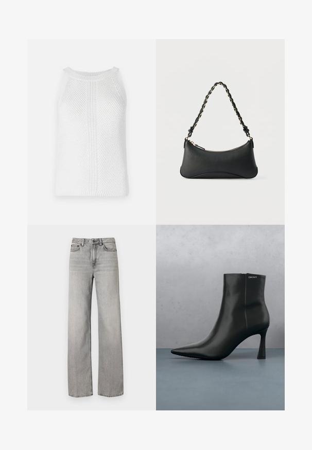 Weißes Strick-Tanktop mit strukturiertem Muster, rundem Ausschnitt und breiten Armausschnitten; verfügt über ausgeprägte vertikale und horizontale Strickdetails.; Graue Denim-Hosen mit weitem Bein und mittlerem Waschungsgrad, ausgestattet mit einem Knopfverschluss, fünf Taschen und einer Standard-Nähtedetail.; Schwarze Leder-Stiefelette mit spitzem Zehenbereich und einem geometrischen Absatz. Verfügt über dezente Branding-Elemente und eine glatte Textur. Der Hintergrund zeigt strukturierte Fliesen.; Schwarze Lederschultertasche mit gewölbter rechteckiger Form, goldener Kette, die in den geflochtenen schwarzen Riemen eingewebt ist, und Reißverschlussverschluss oben.