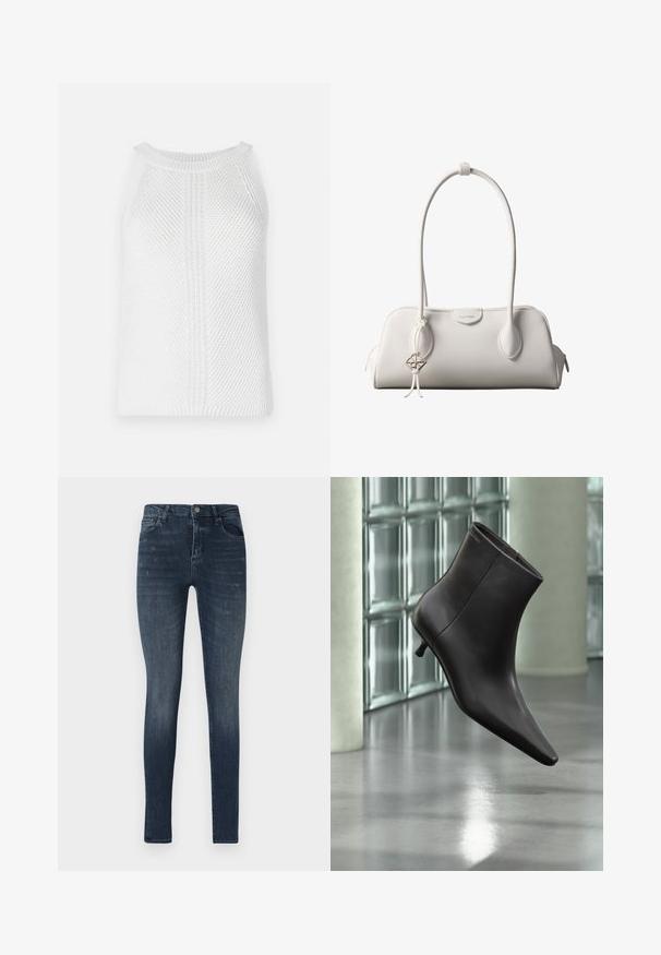 Weißes Strick-Tanktop mit strukturiertem Muster, rundem Ausschnitt und breiten Armausschnitten; verfügt über ausgeprägte vertikale und horizontale Strickdetails.; Schmale Jeans aus Denim in Dunkelblau mit einem Fünf-Taschen-Design, leichter Verblassung und einem Knopfverschluss am Bund.; Schwarzer Leder-Knöchelstiefel mit spitzer Spitze und kleinem Absatz vor einer Wand aus Glasbausteinen und einem polierten Boden.; Weiße Calvin Klein Schultertasche mit langen Griffen, rechteckiger Form, Reißverschluss und dekorativem Logo-Anhänger, der in der Nähe des Griffs hängt.