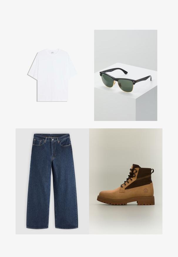 T-shirt oversize en coton blanc avec un col rond et des manches courtes ; texture lisse, sans motifs ni accents visibles.; Jean en denim bleu foncé à jambes larges avec poches avant, fermeture à boutons et passants de ceinture, posé à plat sur un fond clair.; Botte en cuir marron clair et marron foncé à lacets avec semelle robuste et languette à l'arrière, vue latérale sur fond clair uni.; Lunettes de soleil Ray-Ban avec des verres verts, monture en plastique noir et accents dorés sur les bords. Forme carrée avec une finition mate.