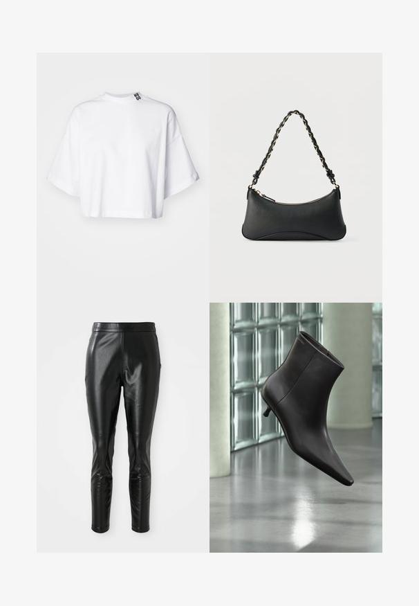Camiseta blanca recortada de algodón, con mangas cortas anchas y un cuello alto. La etiqueta "HUGO" está estampada en negro en el cuello.; Pantalones de cuero negro con un ajuste slim, con una textura suave y una cintura alta. Los detalles incluyen acentos en las rodillas para un diseño añadido.; Bota de cuero negro para el tobillo con puntera puntiaguda y tacón pequeño, exhibida frente a una pared de bloques de vidrio y un suelo pulido.; Bolso de hombro de cuero negro con forma rectangular curvada, cadena dorada entrelazada en una correa negra trenzada y cierre superior con cremallera.