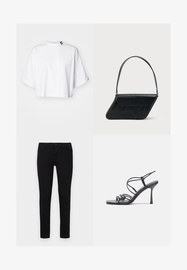 Witte cropped t-shirt van katoen, met brede korte mouwen en een hoge halslijn. Het label "HUGO" is in zwart op de kraag gedrukt.; Zwarte skinny jeans van een katoenmengsel, met een sluiting met een knoop en rits aan de voorkant, vijf zakken en een gladde textuur.; Zwarte hoge hakken sandaaltjes hebben dunne banden met een geknoopt ontwerp, een gladde vierkante neus en een elegante stiletto-hak.; Zwarte leren schoudertas met een driehoekige vorm, geperst logo en een enkele verstelbare riem. Minimalistisch ontwerp met een gladde textuur.