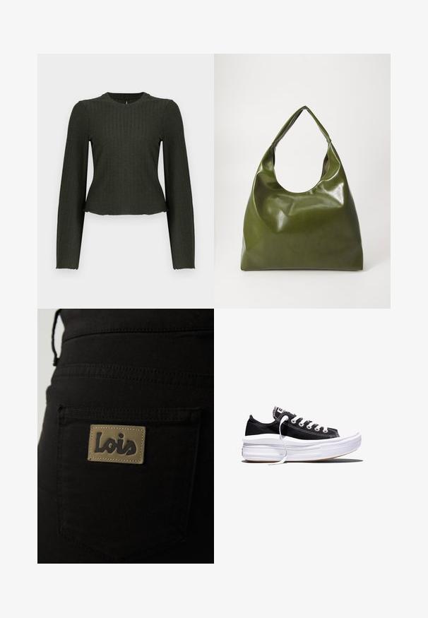 Top corto de manga larga en verde oliva, hecho de tela de textura acanalada. Presenta un escote redondo y una silueta ajustada.; Pantalones de tela negra con un bolsillo trasero que lleva una etiqueta marrón con el nombre "Lois" grabado en letras oscuras. Detalles de costura visibles.; Zapatilla negra baja de lona con cordones blancos y suela gruesa de goma blanca de varias capas sobre un fondo blanco.; Bolsa hobo verde de cuero con un diseño suave, asa curvada y textura lisa. No contiene hardware visible ni acentos.