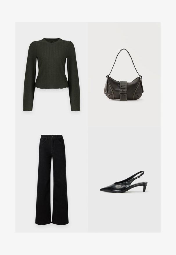 Olivengrøn cropped langærmet top lavet af ribbet stof. Har en rund halsudskæring og en tæt pasform.; Sorte vidde jeans lavet af denim, med høj talje, klassisk fem-lomme design og knaplukning foran.; Sort læder slingback hæl med spidse tæer, lav kitten hæl og justerbar spænde-bånd. Glat tekstur med minimal dekor.; Sort læder skuldertaske med spænde på remmen, afrundede kanter og kontrasterende hvide syninger på en ensfarvet baggrund.
