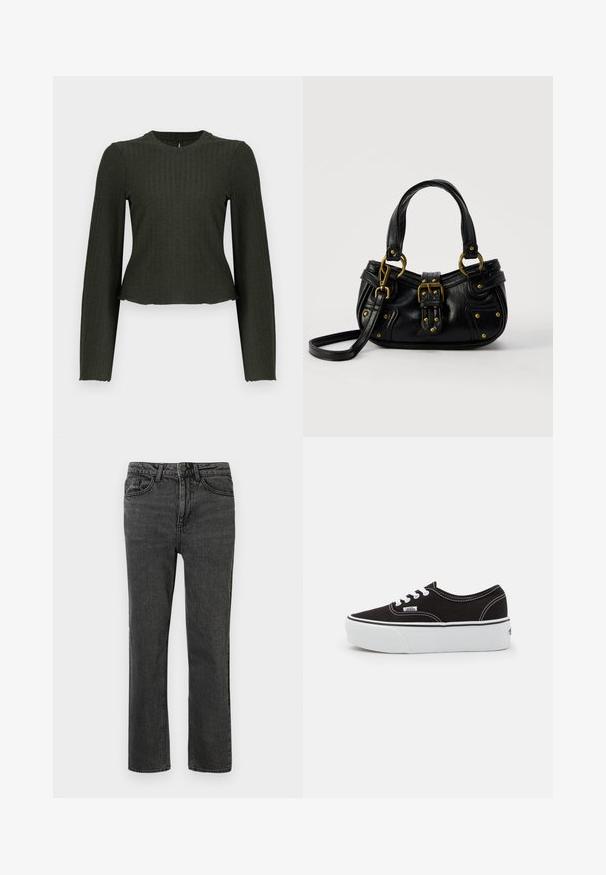 Olijfgroene cropped lange mouw top gemaakt van ribbelstof. Heeft een ronde halslijn en een slim-fit silhouet.; Zwarte denim jeans met een rechte pijp, voorzien van vijf zakken, riemlussen en een sluiting met een knop aan de voorkant. De geweven stof toont subtiele slijtage.; Zwarte canvas sneaker met een witte rubberen platformzool, voorzien van witte veters en stiksels, iconische branding op de zijkant, low-top ontwerp.; Zwarte leren handtas met gouden gesp en klinknagel details, korte handvatten en een verstelbare schouderriem op een effen witte achtergrond.