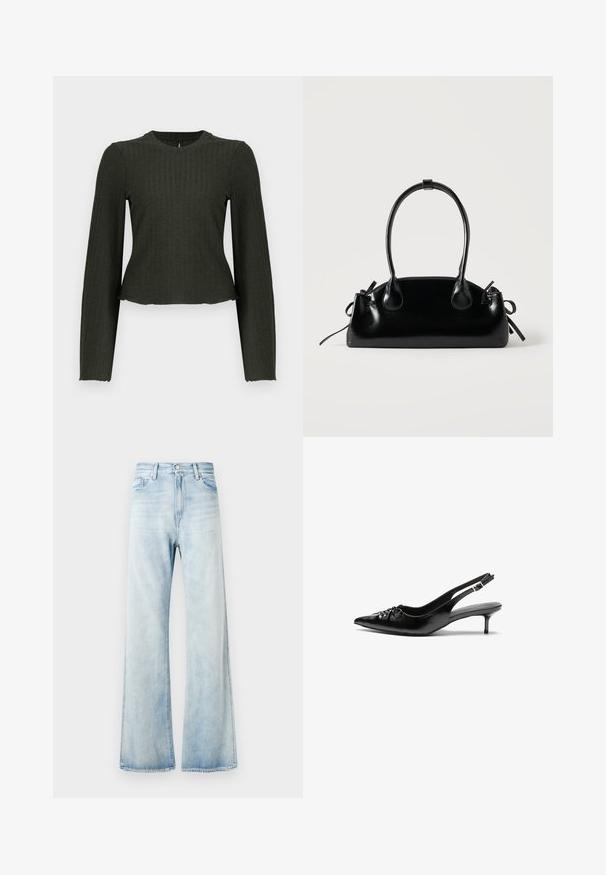 Olivengrøn cropped langærmet top lavet af ribbet stof. Har en rund halsudskæring og en tæt pasform.; Lyseblå denim flare jeans med høj talje, forlommer og knaplukning. Falmet finish med en glat tekstur og opsvingskanter.; Sorte læder slingback-pumps med spids tå, lav kitten-hæl og rynket detalje på overdelen. Glat tekstur og minimalistisk design.; Lille sort blank håndtaske med to lange håndtag og snøre-detaljer i siden på en ensfarvet lys baggrund.