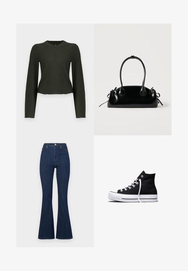 Olivengrøn cropped langærmet top lavet af ribbet stof. Har en rund halsudskæring og en tæt pasform.; Mørkeblå denim flared jeans med høj talje, der har lynlås og knap samt diskret syninger langs sømmene.; Sort high-top canvas sneaker med hvid gummisål og hvide snørebånd, vist fra siden mod en hvid baggrund.; Lille sort blank håndtaske med to lange håndtag og snøre-detaljer i siden på en ensfarvet lys baggrund.