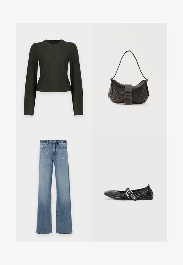 Olivengrøn cropped langærmet top lavet af ribbet stof. Har en rund halsudskæring og en tæt pasform.; Lyseblå denimjeans med høj talje, vidde ben, let slid og traditionel fem-lomme struktur.; Sorte læder flade sko med spids tå, samling detaljer omkring åbningen, og en sølv spænde accent på den justerbare rem.; Sort læder skuldertaske med spænde på remmen, afrundede kanter og kontrasterende hvide syninger på en ensfarvet baggrund.
