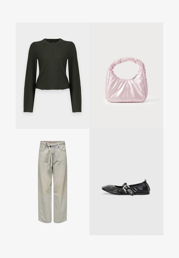 Olivengrøn cropped langærmet top lavet af ribbet stof. Har en rund halsudskæring og en tæt pasform.; Lys blå brede jeans med beløbning i livet, der har en slidteknik og klassisk fem-lomme design, lavet af denimstof.; Sorte læder flade sko med spids tå, samling detaljer omkring åbningen, og en sølv spænde accent på den justerbare rem.; Rosa, polstret håndtaske med afrundet design, lavet af skinnende materiale. Har et samlet håndtag og en lynlås til sikker adgang.