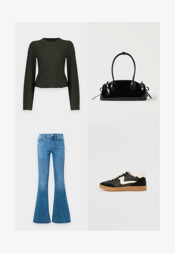 Olivengrøn cropped langærmet top lavet af ribbet stof. Har en rund halsudskæring og en tæt pasform.; Blå denim flared jeans med mellemhøj talje, der har fem lommer, en standard knaplukning og let falmning for struktur.; Sorte ruskinds- og lædersneakers med en cremefarvet side-swoosh og lys cremefarvet hæl. Har beige snørebånd og en gummirubber-sål.; Lille sort blank håndtaske med to lange håndtag og snøre-detaljer i siden på en ensfarvet lys baggrund.