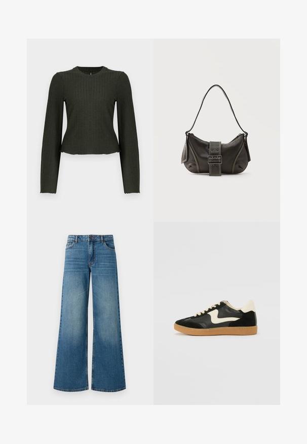 Olijfgroene cropped lange mouw top gemaakt van ribbelstof. Heeft een ronde halslijn en een slim-fit silhouet.; Wijde spijkerbroek van blauw denim met een vervaagde afwerking, vijf-pocket ontwerp en standaard tailleband met een metalen knoop en ritsluiting.; Zwarte suède en leren sneaker met een crèmekleurige zij-swoosh en lichte crèmekleurige hiel. Voorzien van beige veters en een gumrubberen zool.; Zwarte leren schoudertas met gespsluiting aan de riem, afgeronde hoeken en contrasterende witte stiksels op een effen achtergrond.