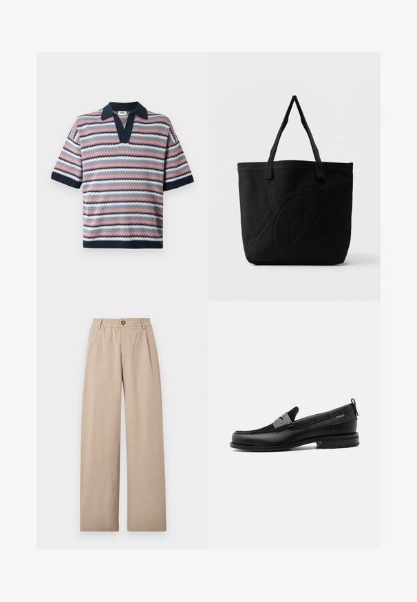 Camiseta polo de punto con escote en V, mangas cortas y rayas alternas en rosa, navy, azul claro y blanco, con un patrón texturizado.; Pantalones de pierna ancha en color beige con un acabado texturizado, que cuentan con pliegues y una cinturilla elástica, asegurada por un botón de bronce en la parte delantera.; Mocasín de cuero negro con detalle de tira gris, tacón bajo y suela texturizada, con la marca "HUGO" en oro en el lateral.; Bolsa tote de lona negra con dos correas para el hombro y un diseño circular en relieve sutil en el frente.