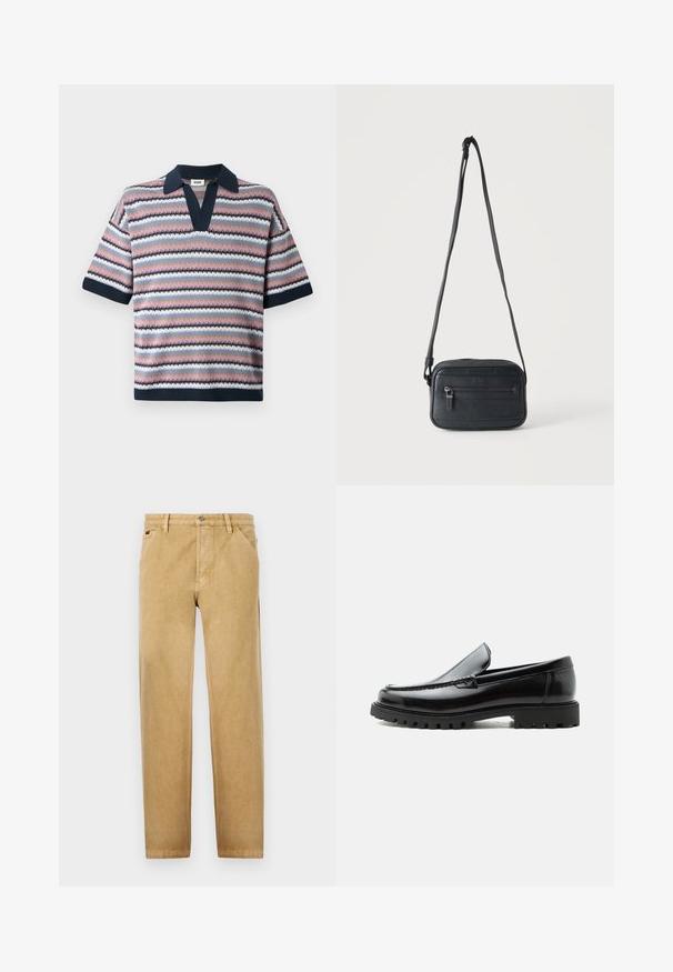 Camiseta polo de punto con escote en V, mangas cortas y rayas alternas en rosa, navy, azul claro y blanco, con un patrón texturizado.; Chinos marrones con un diseño de pierna recta, fabricados en tejido suave. Presentan bolsillos delanteros, un cierre de botón y detalles de costura sutiles.; Mocasín de cuero negro con suela de goma gruesa, empeine cosido y nombre de la marca en relieve en el talón, mostrado en perfil lateral sobre fondo blanco.; Bolso bandolera negro con un bolsillo frontal con cremallera, superficie texturizada y correa ajustable colgado sobre un fondo claro y liso.