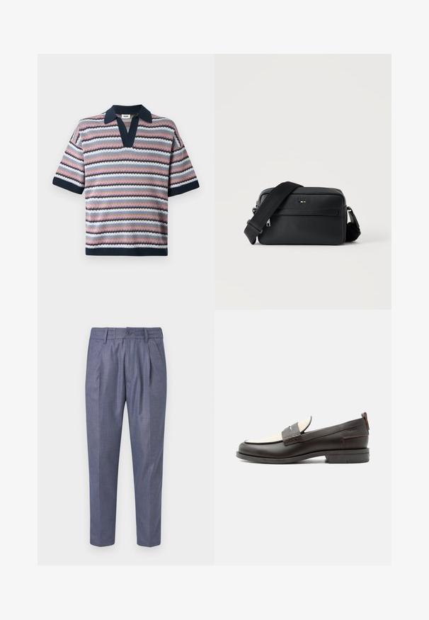 Camiseta polo de punto con escote en V, mangas cortas y rayas alternas en rosa, navy, azul claro y blanco, con un patrón texturizado.; Pantalones tejidos azul con un corte ajustado, que presentan pliegues delanteros, un cierre de botón y una textura suave. Largo recortado con piernas rectas.; Mocasín para hombre de cuero marrón oscuro con panel de tela crema y detalle clásico de correa cosida, suela plana y asa en el talón.; Bolso bandolera negro de cuero texturizado con bolsillo frontal con cremallera y correa de hombro ancha de tela ajustable sobre fondo blanco.