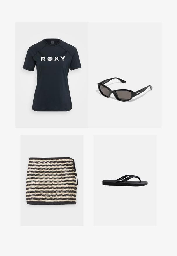 Sort kortærmet rash guard lavet af strækbart materiale, med et hvidt "ROXY" logo på forsiden og en rund halsudskæring.; Sort og beige stribet strikket mininederdel med bindebånd i siden og tekstureret åben vævet mønster.; Sort gummiplip-flops sandal med tekstureret sål og glatte remme, sidevisning på en ensfarvet lys grå baggrund.; Sorte solbriller med rektangulært stel, mørke linser, glat plastmateriale og en metalaccent på templet.