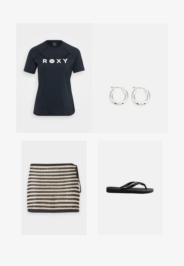 Sort kortærmet rash guard lavet af strækbart materiale, med et hvidt "ROXY" logo på forsiden og en rund halsudskæring.; Sort og beige stribet strikket mininederdel med bindebånd i siden og tekstureret åben vævet mønster.; Sort gummiplip-flops sandal med tekstureret sål og glatte remme, sidevisning på en ensfarvet lys grå baggrund.; Sølv hoop-øreringe med en poleret finish, der har en cirkulær form og en hængslet lukning. Glat tekstur med minimal detaljering.