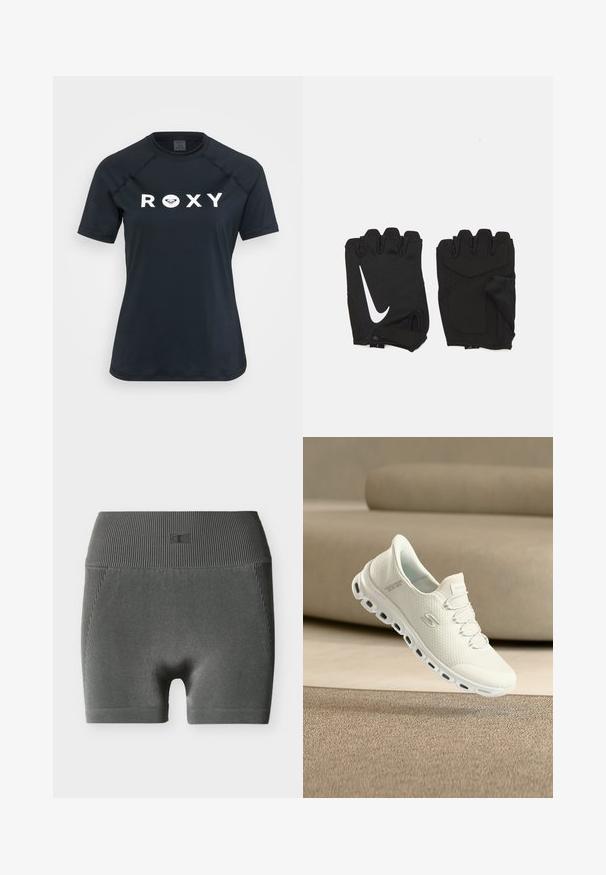 Rash guard noir à manches courtes en matière extensible, avec un logo "ROXY" blanc sur le devant et un design à col rond.; Shorts de cycliste à taille haute côtelés gris foncé avec un petit logo embossé sur la ceinture, présentés sur un fond blanc.; Baskets blanches avec une tige en mesh texturé, des lacets élastiques et une semelle extérieure amortie. Design léger avec un amorti d'air visible dans la semelle.; Gants de gym sans doigts noirs en tissu respirant, avec un logo blanc Nike, des paumes rembourrées et un design ouvert au niveau du poignet pour plus de flexibilité.