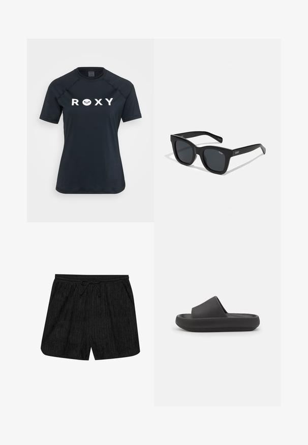 Rash guard noir à manches courtes en matière extensible, avec un logo "ROXY" blanc sur le devant et un design à col rond.; Shorts noirs avec une surface texturée et côtelée, une taille élastique avec cordon de serrage, et des poches latérales.; Sandale noire à glissière avec une texture lisse et un design ouvert, dotée d'une large sangle et d'une semelle basse légèrement contournée.; Lunettes de soleil noires rectangulaires avec une monture en plastique lisse et des verres sombres. Logo "QUAY" sur le côté en blanc. Design minimaliste.