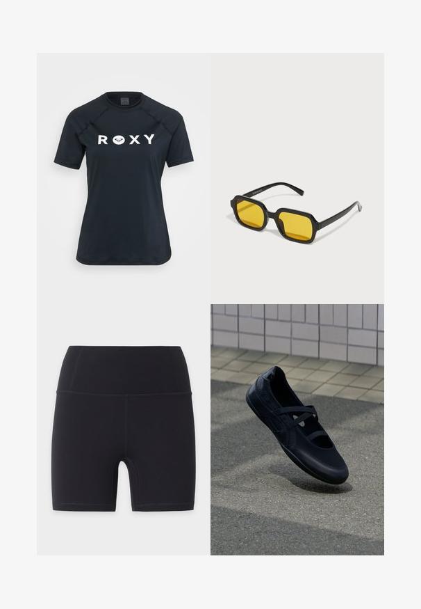 Sort kortærmet rash guard lavet af strækbart materiale, med et hvidt "ROXY" logo på forsiden og en rund halsudskæring.; Sorte atletiske cykelshorts med høj talje og flade syninger, designet til en tætsiddende pasform og længde til midt på låret.; Sort Mary Jane-sko med elastiske stropper, der svæver over en struktureret grå belægning, hvid flisevæg i baggrunden.; Sorte rektangulære solbriller med gule linser. Funktioner inkluderer tykke stel og kantet design med en glat, blank finish.