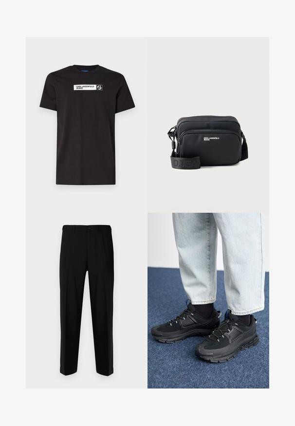 Zwarte katoenen T-shirt met korte mouwen, voorzien van een witte tekstafdruk met het label "KARL LAGERFELD JEANS" en een logo, ronde halslijn.; Zwarte broek van gladde stof, met een rechte snit, twee voorzakken en een ritssluiting met knoopsluiting.; Zwarte sportschoenen met gestructureerde stof en rubberen zolen, met elastische veters en een blauwe accent op de hiel. Draag samen met lichte spijkerbroeken.; Zwarte rechthoekige crossbodytas met twee ritssluitingsvakken, "KARL LAGERFELD JEANS" logo en verstelbare merkriem op witte achtergrond.