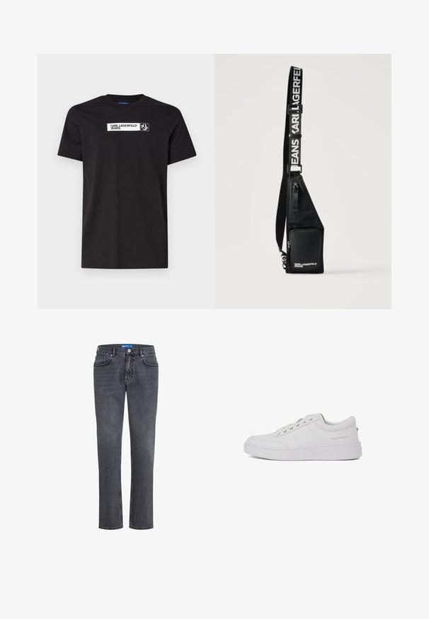 Zwarte katoenen T-shirt met korte mouwen, voorzien van een witte tekstafdruk met het label "KARL LAGERFELD JEANS" en een logo, ronde halslijn.; Donkergrijze denim jeans met een recht model, vijf zakken en een blauw etiket op de tailleband. Voorzien van een klassieke knoop- en ritssluiting.; Witte leren sneakers met een klassiek low-top ontwerp, platte zool en subtiele merklogo op de hiel. Voorzien van vijf metalen oogjes voor veters.; Zwarte crossbody slingtas met voorvak met ritssluiting en verstelbare band bedrukt met "KARL LAGERFELD JEANS" in witte letters.