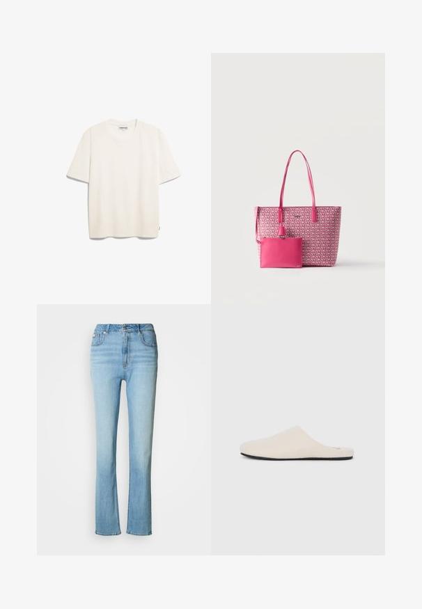 Rondhals, kortebloezende t-shirt van zachte, lichte katoen. Lichtbeige kleur met een relaxte pasvorm en een label aan de zijnaad.; Lichtblauwe denim jeans met een hoge taille, recht gesneden pijpen en een subtiele vervaagde afwerking. Voorzien van steekzakken en een ritsluiting.; Beige instapslipper met een zachte, gestructureerde bovenkant van stof, een platte zool en een ronde neus. Minimalistisch ontwerp zonder zichtbare hardware.; Roze draagtas met herhalend "DKNY" logo patroon en bijpassend effen roze afneembaar etui aan de voorkant, op een effen witte achtergrond.