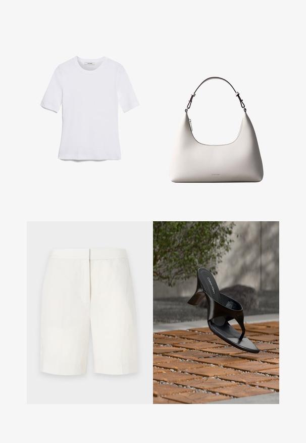 Witte korte mouwen t-shirt van ribstof. Ronde halslijn, normale pasvorm en subtiele stiksels. Geen patronen of grafische elementen.; Witte katoenen shorts met een rechte snit, vlakke voorkant en subtiele textuur. Heeft een tailleband en geen zichtbare zakken. Eenvoudig ontwerp.; Zwarte Calvin Klein hoge hak teenslipper die zweeft boven een betegeld buitenterrein met groen en een betonnen muur op de achtergrond.; Romige Calvin Klein leren schoudertas met gebogen bovenrand, zilveren rits en donkerbruine verstelbare riem.
