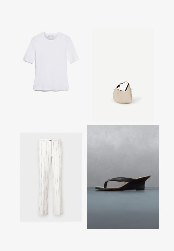 Hvid kortærmet t-shirt lavet af ribbet stof. Rund halsudskæring, almindelig pasform og subtile syninger. Ingen mønstre eller grafik.; Hvide bukser med lige ben med tynde lodrette sorte striber, knap- og lynlåslukning samt bæltestropper.; Sort kilehælssandale med thongsandaler placeret på en træplanke og stengulv udendørs nær grønne planter og betonmur.; Beige læder håndtaske i halvmåneform med en enkelt skulderrem og minimal syning, sat mod en ensartet hvid baggrund.
