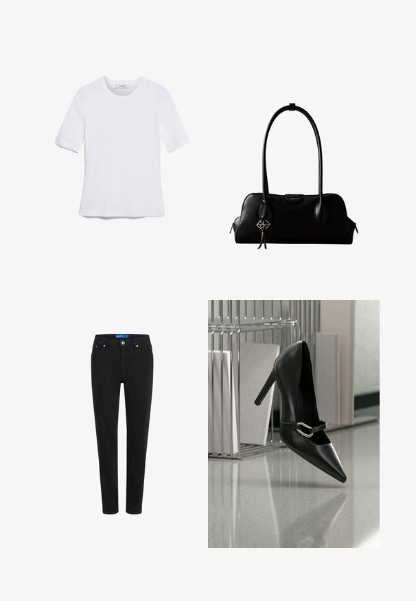 Witte korte mouwen t-shirt van ribstof. Ronde halslijn, normale pasvorm en subtiele stiksels. Geen patronen of grafische elementen.; Zwarte denim jeans met een slanke pasvorm, vijf-pocketdesign, ritssluiting en metalen knoopsluiting. Voorzien van subtiele stiksels en een middelhoge taille.; Zwarte puntige hoge hak met een zilveren gesp, geplaatst op een reflecterend oppervlak naast een metalen bestandhouder met papieren.; Zwarte leren Calvin Klein handtas met lange hengsels, een logo-label aan de voorkant en een zilverkleurige geometrische hanger die aan één hengsel hangt.