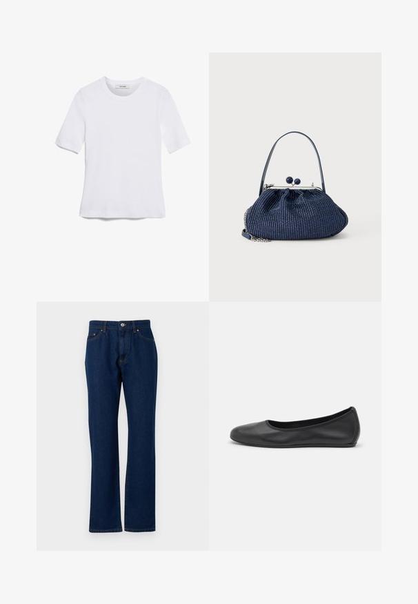 Hvid kortærmet t-shirt lavet af ribbet stof. Rund halsudskæring, almindelig pasform og subtile syninger. Ingen mønstre eller grafik.; Mørkeblå denimjeans med straight leg-design, fem-lomme stil, frontlynlås og knaplukning. Holdbart stof med subtile syninger.; Sort læderballetsko med rund tå, glat tekstur, minimal syning og et fleksibelt såldesign.; Håndtaske i marineblåt vævet stof med rund lukning, kort håndtag og detaljer i sølvkæde mod en ensfarvet lys baggrund.