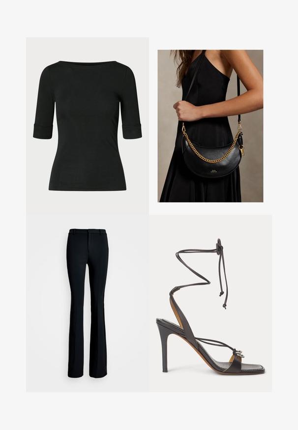 Chemise noire cintrée avec manches longueur coude et large encolure ronde sur un fond uni.; Pantalons évasés noirs en tissu lisse. Présentent une taille plate à l'avant, une coupe ajustée au niveau des cuisses et une large ouverture au bas de jambe.; Sandale noire à talon haut avec fines lanières enveloppant la cheville, bout ouvert et anneaux décoratifs argentés sur la bride avant, sur fond blanc.; Femme en robe noire tenant un sac à main en cuir noir en forme de croissant avec une chaîne et une bandoulière dorées sur l'épaule.