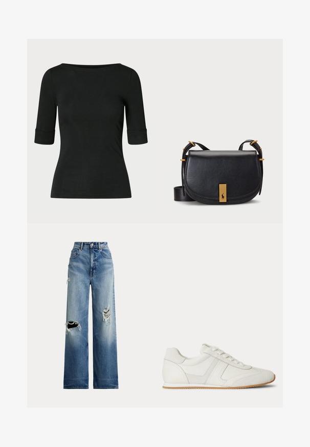 Sort tætsiddende skjorte med albuelange ærmer og en bred, rund halsudskæring på en ensfarvet baggrund.; Bredbenede blå denimjeans med slidte revner ved knæene, med høj talje, knaplukning og klassisk design med fem lommer.; Hvid lavtop sneaker med snørelukning foran, ruskind- og læderpaneler og en lysebrun gummisål på en hvid baggrund.; Sort læder crossover taske med buet form, guldfarvet hardware og en frontplade med logo. Justerbar rem inkluderet.