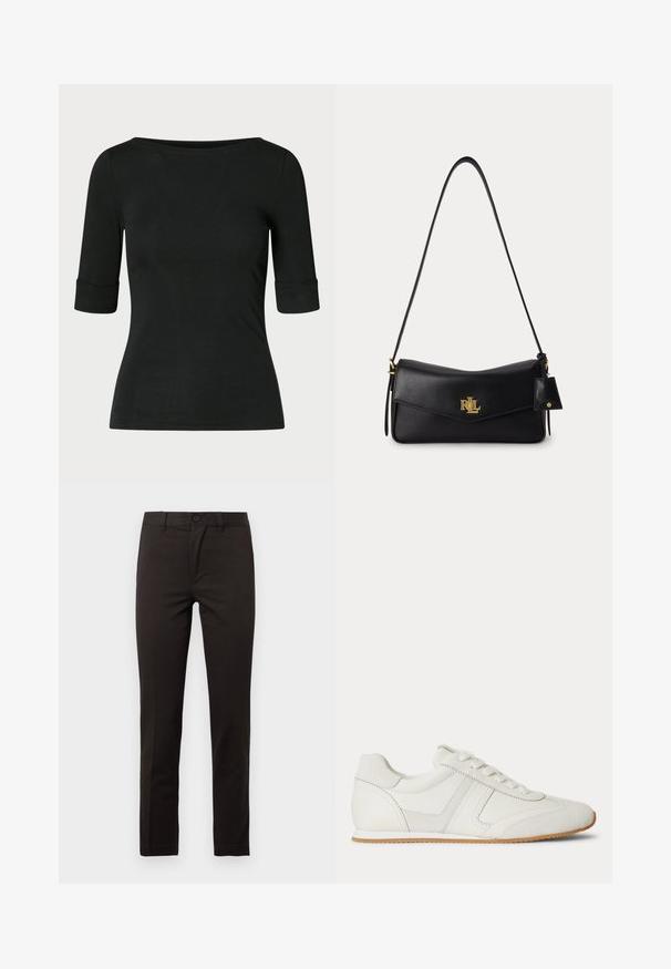Chemise noire cintrée avec manches longueur coude et large encolure ronde sur un fond uni.; Pantalon noir à jambe droite en mélange de coton lisse ; comprend un bouton à l'avant, une braguette zippée et deux poches latérales. Design épuré et minimaliste.; Baskets basses blanches avec laçage à l'avant, panneaux en daim et cuir, et une semelle en caoutchouc marron clair sur fond blanc.; Sac à épaule en cuir noir avec logo RLL doré, rabat enveloppe et fine longue sangle sur fond clair uni.