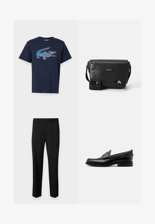 Lacoste Camiseta estampada - dark blue; Pantalones de traje negros con frente plano, cintura estándar y piernas rectas. Hechos de una tela suave, con un cierre de botón único.; Mocasín de hombre de piel negra con costura moc toe, tira penny, cuello texturizado y tacón bajo apilado sobre fondo blanco.; Bolso mensajero Lacoste negro texturizado con correa ajustable, tapa frontal, bolsillo con cremallera y cierres de hebilla metálica.
