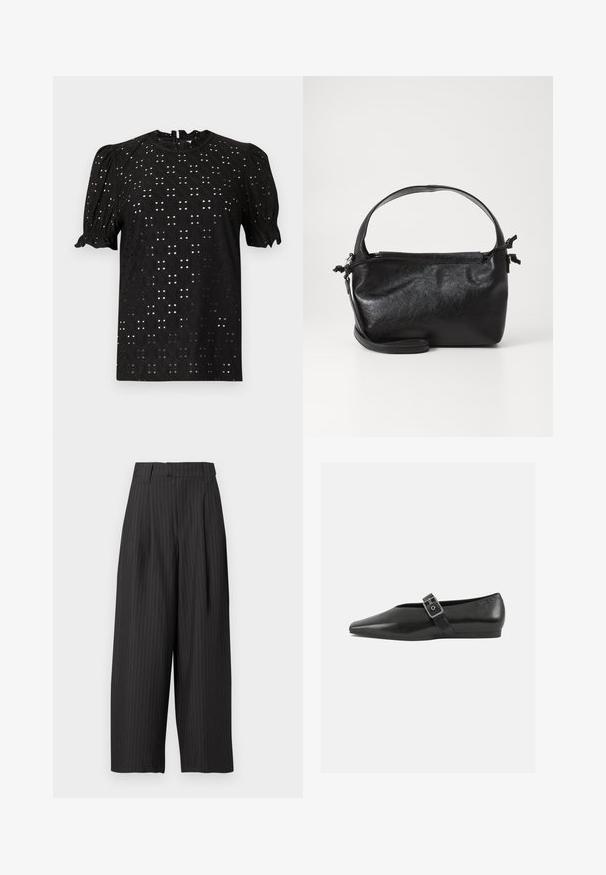 Must mustrinine lühikeste varrukatega blouse, millel on tekstureeritud aukudega disain, puffi varrukad ning ümmargune kaelus, lukuga selja taga.; Musthave mustriba püksid laia lühendatud jalaga, millel on sobivaist vöökoht ja voldid, et lisada tekstuuri ja vormi.; Must mustril leedjalats, millel on terav varvas, metallist pandla rihm üle jala ja madal, paindlik tall.; Must mustrikujundusega must nahast käekott, ümarate pealmiste käepidemete ja eemaldatava õlalihaga. Omab siledat tekstuuri ja peent sära.
