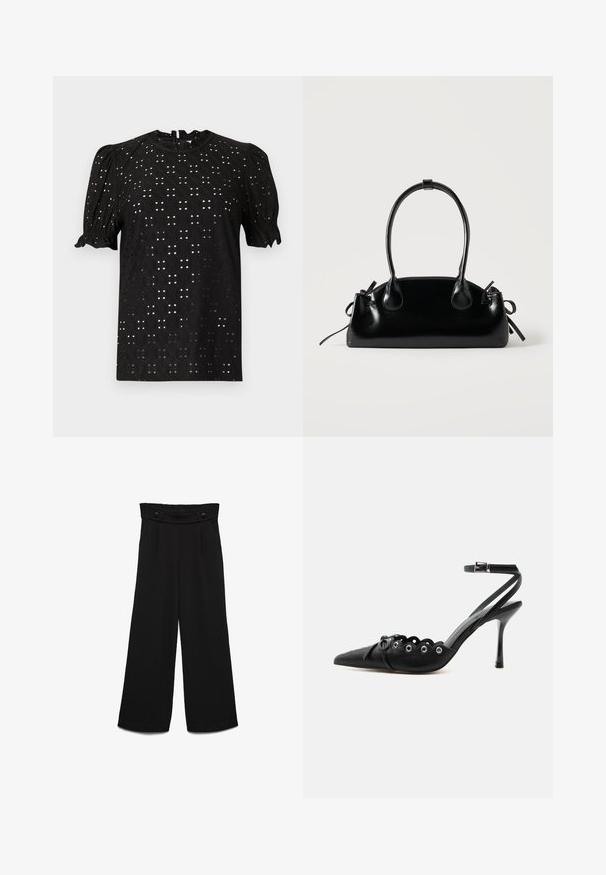 Μαύρη μπλούζα κοντού μανικιού με υφή τύπου eyelet, χαρακτηριστικά με φουσκωτά μανίκια και στρογγυλή λαιμόκοψη, που κλείνει με κλειδαρότρυπα στο πίσω μέρος.; Μαύρο παντελόνι φαρδιάς γραμμής με ψηλή μέση, με δύο κουμπιά μπροστά και λεία υφή. Ευθεία κοπή με πιέτες στο μπροστινό μέρος.; Μαύρο γυναικείο παπούτσι με ψηλό τακούνι και μυτερή μύτη, με κυματιστά άκρα, μεταλλικά πόρπες, κορδόνια μπροστά και λουράκι στον αστράγαλο με κούμπωμα.; Μικρή μαύρη γυαλιστερή τσάντα με δύο μακριές λαβές και λεπτομέρειες με ρυθμιζόμενο κορδόνι στο πλάι σε απλό ανοιχτό φόντο.