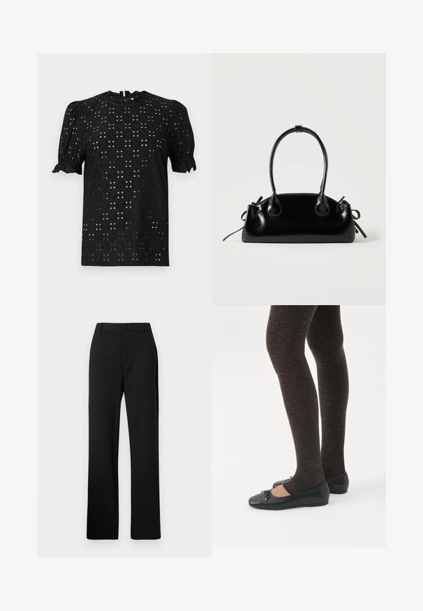 Must mustrinine lühikeste varrukatega blouse, millel on tekstureeritud aukudega disain, puffi varrukad ning ümmargune kaelus, lukuga selja taga.; Mustad mustad püksid, sirge jalgadega disain, sile kangas peene tekstuuriga, millel on tavaline vöökoht ja nähtamatud taskud.; Jalad seljas tumedad soonelises soonelises kombines mustade baleriinadega, millel on väikesed paelade detailid valgel taustal.; Väike must läikiv käekott kahe pika sangaga ja külgedel paelakinnitustega, ühel lihtsal helel taustal.