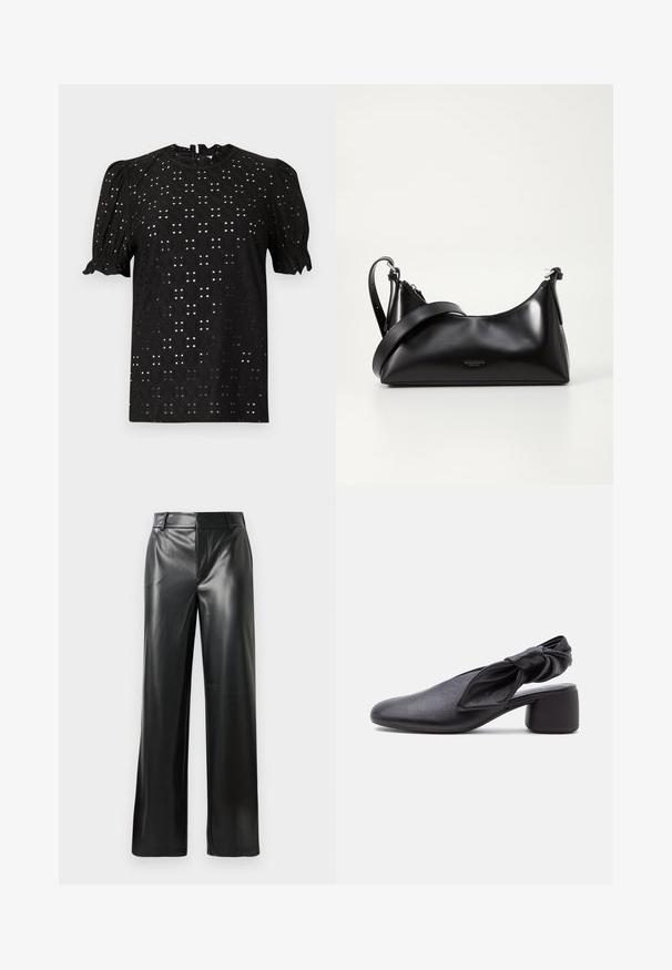 Μαύρη μπλούζα κοντού μανικιού με υφή τύπου eyelet, χαρακτηριστικά με φουσκωτά μανίκια και στρογγυλή λαιμόκοψη, που κλείνει με κλειδαρότρυπα στο πίσω μέρος.; Μαύρο δερμάτινο παντελόνι σε φαρδύ στυλ με λεία υφή, διαθέτοντας μέση μεσαίου ύψους και διακριτές γραμμές πτυχής μπροστά.; Μαύρο δερμάτινο παπούτσι slingback με στρογγυλεμένη μύτη, λεπτομέρεια με κόμπο στο λουράκι και χαμηλό τετράγωνο τακούνι σε λευκό φόντο.; Μαύρη δερμάτινη τσάντα χειρός με λεία υφή. Διαθέτει ρυθμιζόμενο λουρί και κομψό, μινιμαλιστικό σχέδιο με φερμουάρ.